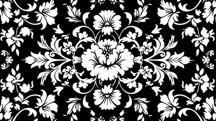 A seamless pattern of intricate white flowers on a black background