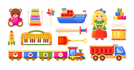 Naklejka premium Kids toys, set with car, plush bear, doll, train, ship, drum, play blocks, rocket, toy windmill, piano, xylophone, shovel and sword isolated on white background, vector flat cartoon illustration