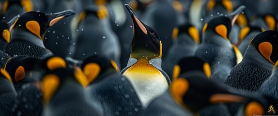 A group of king penguins standing together in their natural cold habitat, with one penguin in focus among the flock.
