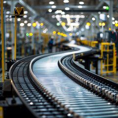 Fototapeta premium Conveyor belt with metal rollers in a modern manufacturing plant
