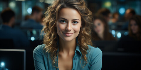 Obraz premium Young Corporate Female Office Worker With Corporate Look in Office Background, Corporate Women, Generative AI. 