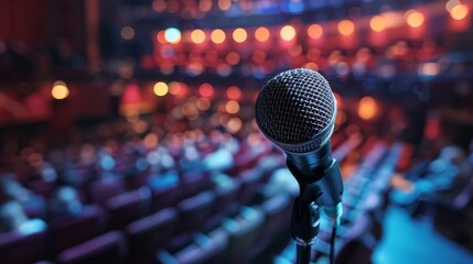 Microphone on stand illuminated by spotlight against audience-filled auditorium backdrop, implying...