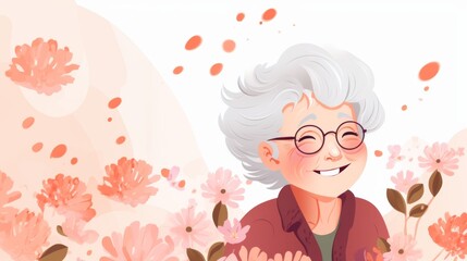Elderly woman enjoying a moment in a flower field, wearing glasses and a red sweater, smiling joyfully with flowers and petals around her, against a blue sky, illustration, horizontal, copy space
