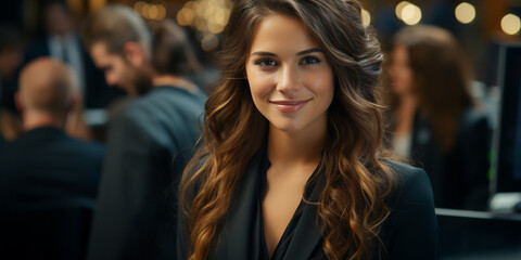 Fototapeta premium Young Corporate Female Office Worker With Corporate Look in Office Background, Corporate Women, Generative AI. 