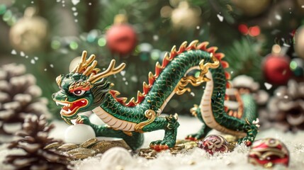 Obraz premium Colorful Dragon Figurine in Festive Setting, Generative AI
