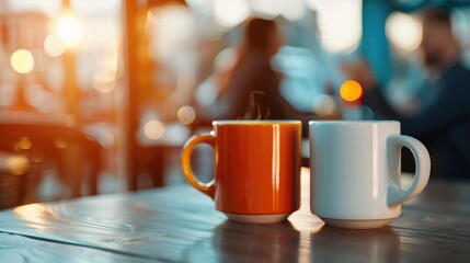 Coffee and a Good Conversation, Two coffee mugs placed next to each other on a table with a blurred background of two people talking Casual attire like a blazer or a blouse