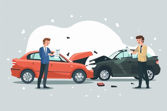 Car insurance depicted in a minor accident involving two cars, showing drivers discussing insurance coverage and the process of filing a claim. Insurance policies and accident scene management.