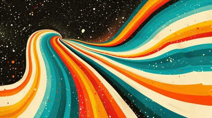 Psychedelic gradient wave rainbow colors on black, poster design, 70s 80s 90s retro colors.