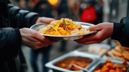 Neighbors helping each other out and sharing food. Hands passing a plate of vegetable rice at a street market. Communal dining and togetherness.