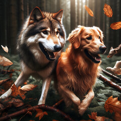 A dog and a wolf are watching the two together.