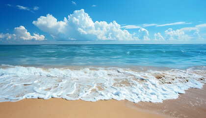 Beautiful images of ocean waves on a beautiful day, ocean, beach, sand, water, ocean waves, sky, clouds, sunshine, daytime, travel, vacation, summer, AI-generated.