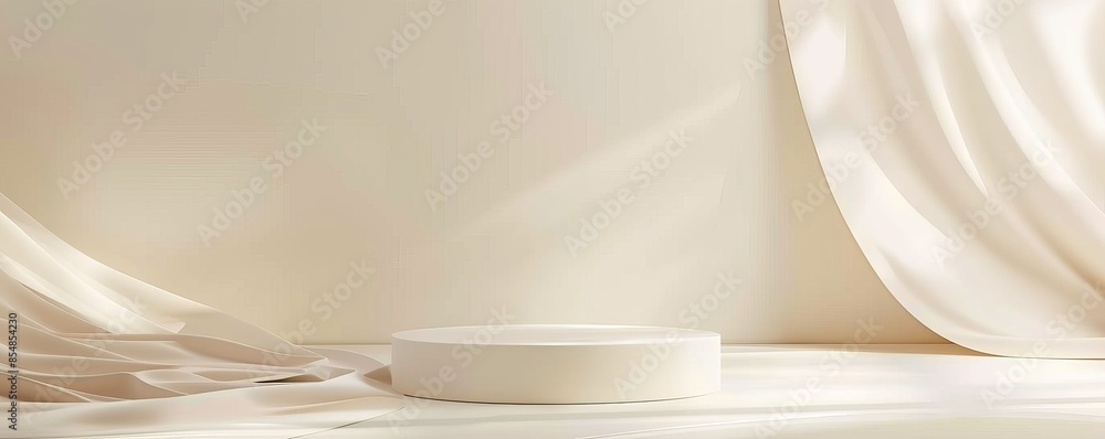 Poster minimalist abstract background with soft flowing drapes and a round podium