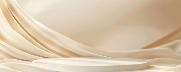 Minimalist abstract background with flowing beige fabric and white pedestal