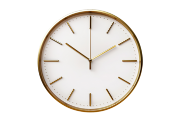 Elegant minimalist wall clock with a white face and gold accents, showcasing a modern design perfect for home or office decor.