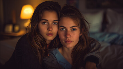 Mixed lesbian couple in love. Two young women looking at the camera. Companionship and solidarity.