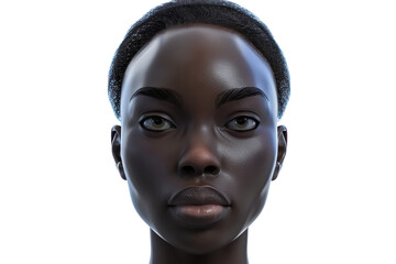Digital portrait of a person with dark skin and closely cropped hair, staring directly at the camera on a plain transparent background.