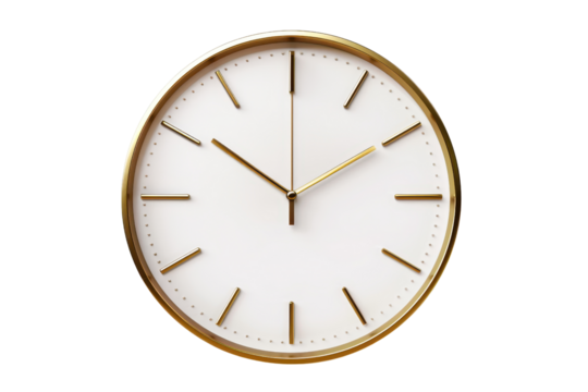 Elegant minimalist wall clock with a white face and gold accents, showcasing a modern design perfect for home or office decor.