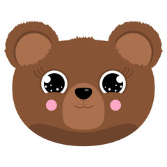 Cute little bear face with pink blush. Kid's brown bear illustration in flat style. Isolated on white background. Vector clip art for stickers, cards, design and printing.
