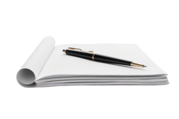 Blank notepad with black pen, perfect for writing notes, sketches, or plans. Ideal for office, school, or personal use.