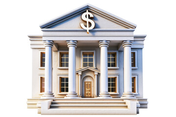Classical building with pillars and dollar sign, representing financial institution or bank, isolated on transparent background.
