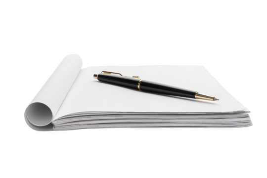 Blank notepad with black pen, perfect for writing notes, sketches, or plans. Ideal for office, school, or personal use.