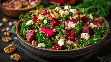 nutrient-packed kale and quinoa salad with roasted beets, walnuts, goat cheese, and a citrus vinaigrette.