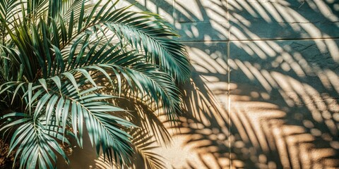 Shadows of tropical palm leaves on a pink wall, summer background