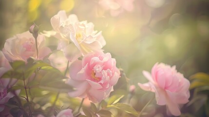 Exquisite flowers in formal garden, close-up, soft backlighting, subtle tones, dreamy, macro lens 