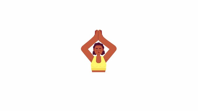 African american female doing yoga 2D character animation. Body and mind training flat cartoon 4K video, transparent alpha channel. Black woman meditating animated person on white background