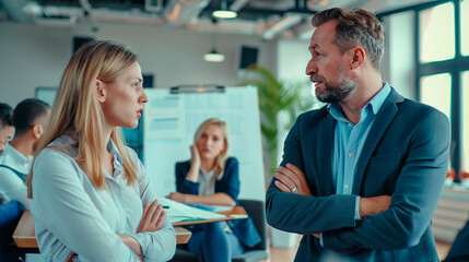 Obraz premium A serious business conversation between a man and a woman with colleagues in the background. Concept of workplace communication and negotiation