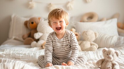 Fototapeta premium A toddler sitting on a bed with stuffed animals, smiling happily. The room is cozy and filled with toys