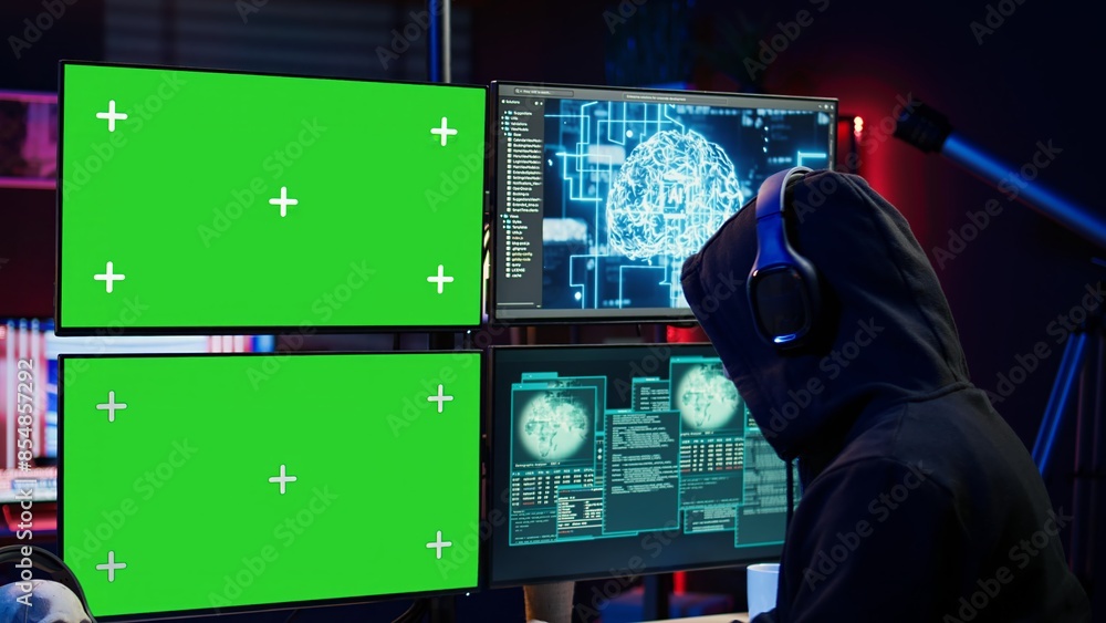 Poster hacker using isolated screen monitor and artificial intelligence to write spyware software, listenin