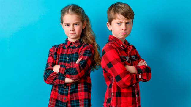Two children with arms crossed in plaid shirts, concept of sibling rivalry and attitude with copy space.