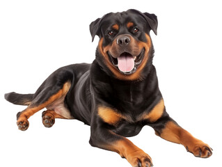 Full body shot of Rottweiler dog, lying down, smiling.