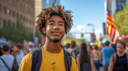 Young Man Smiling in Urban Street Festival with Crowd and Flags in Background