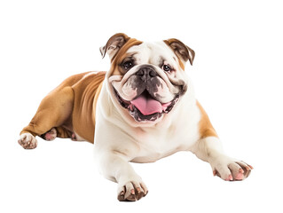 Full body shot of Bulldog dog, lying down, smiling.