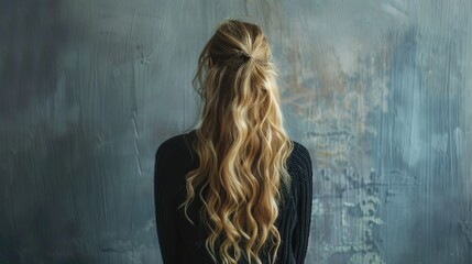 Obraz premium Young woman with long blonde hair in black sweater from the back High quality image