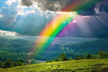 Obraz premium Rainbow Over Valley in Afternoon Sunlight