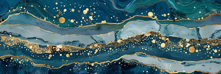 Celestial abstract with swirling clouds in cosmic galaxy, deep blues, golden hues for merchandise
