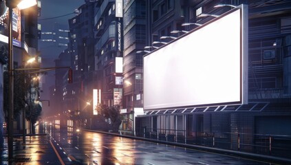 A mockup of an empty blank white billboard on a side street in a city at night