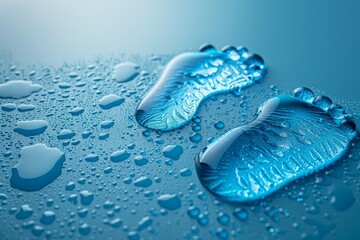 Close-up of two footprints formed by water droplets on a blue surface