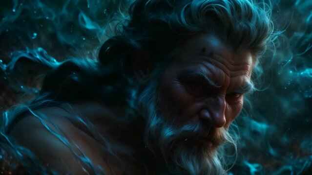 Poseidon, the strong majestic Greek god of the sea. Dynamic animation illustration, loop 4k
