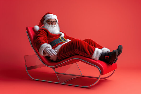 Relaxed Santa Claus Lounging on a Modern Red Chair in Christmas Attire.