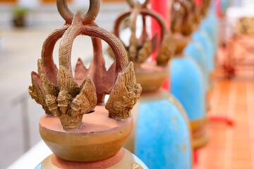 Row of multi color Bell image of the Thai ancient temple close up.