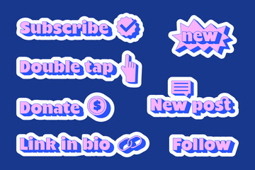 Vibrant social media call-to-action sticker set in neon hues, perfect for engaging and guiding users with trendy, clickable prompts. Y2K modern style. Donate, Double tap, New post, Follow, Link in bio