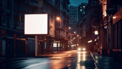 A mockup of a blank white billboard on a side street in a city at night