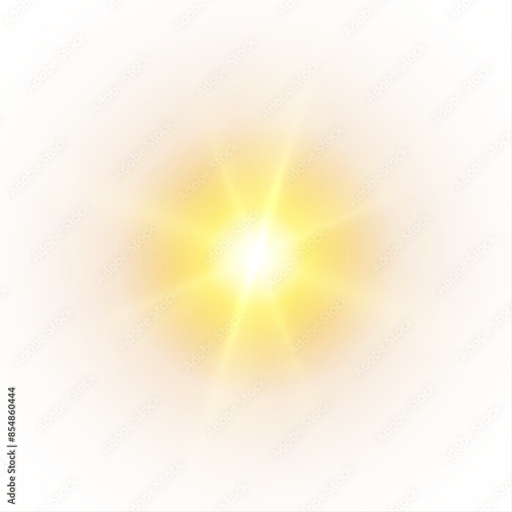 Poster the effect of a bright golden flash of light on a white background with rays and glare. light yellow