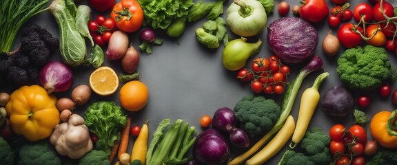 A variety of fresh, colorful organic vegetables and fruits on a grey background, promoting healthy eating. Top view with copy space in the center.
