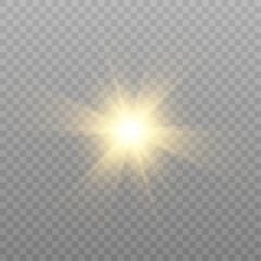 The effect of bright sunlight. Twinkling gold star on a transparent background.Bright light effect.	
