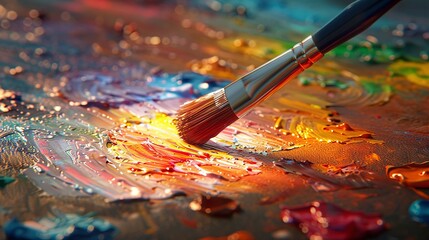 Fototapeta premium Close-Up of Brush Mixing Vibrant Colors on Canvas in Artistic Painting